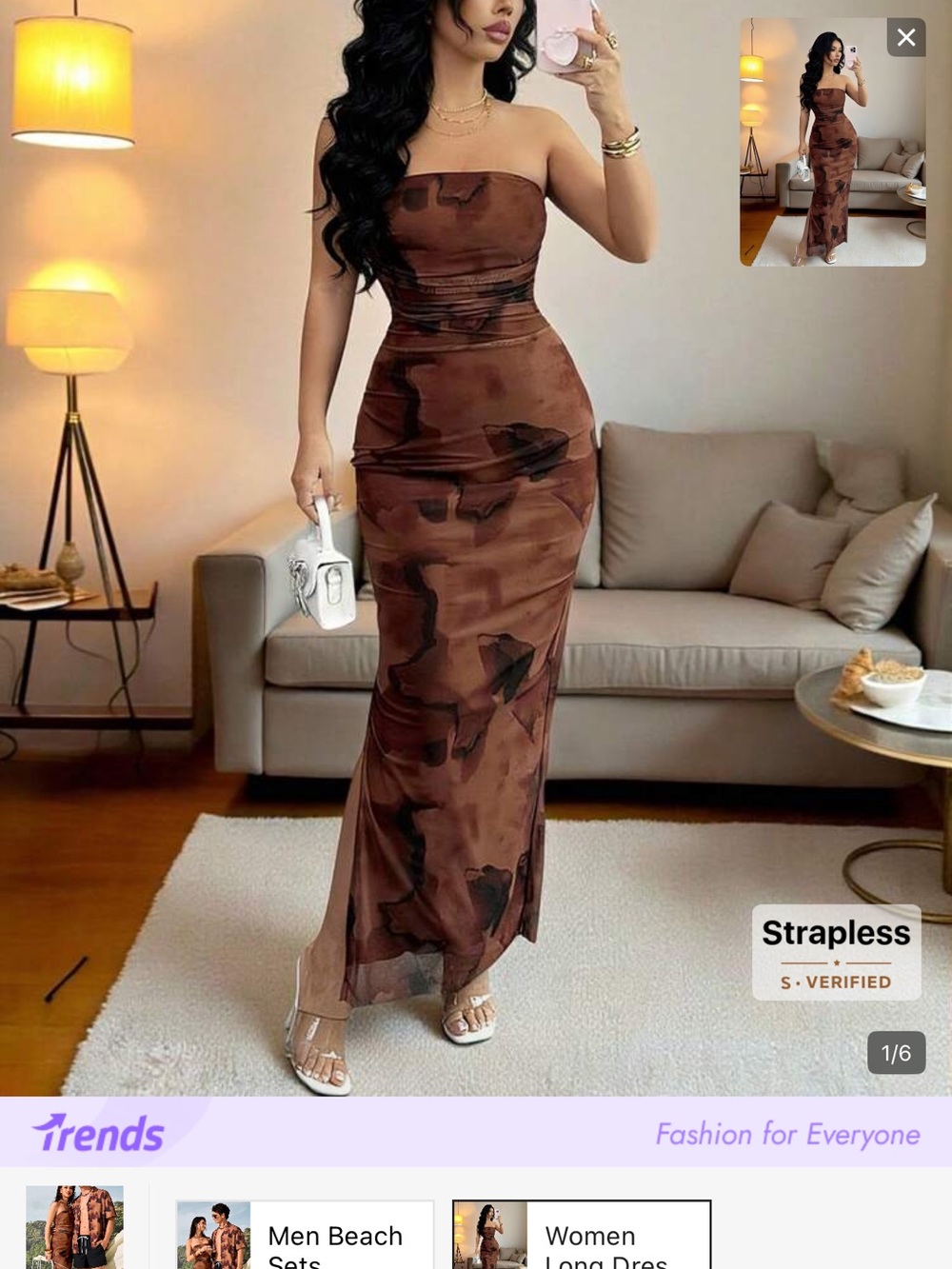 SHEIN Strapless Brown Marble-Print Maxi Dress